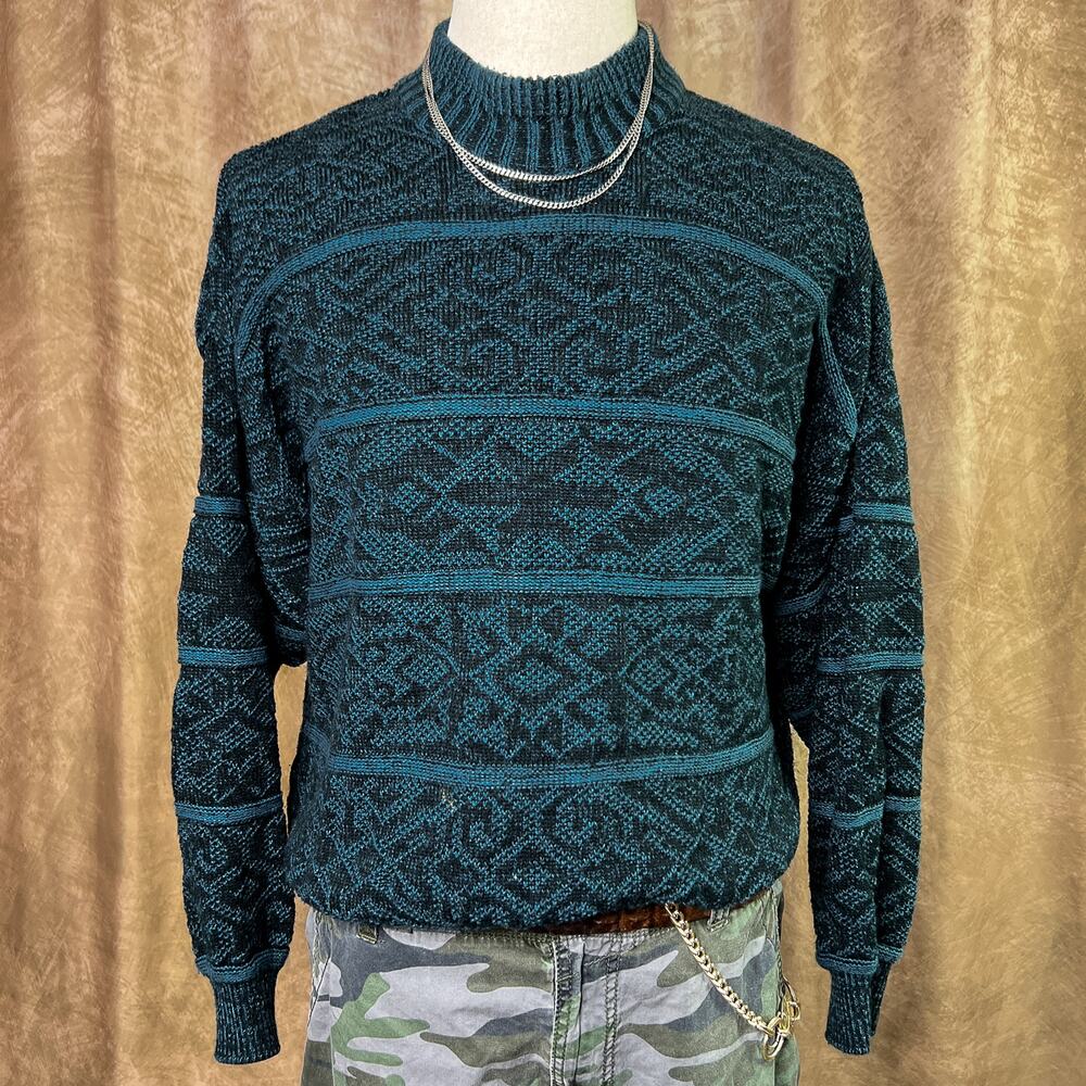Vintage 80s Geometric Sweater Knit Blue Black Long Sleeve Grunge Streetwear